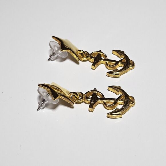 Vintage Gold Tone Star With Dangling Anchor Statement Earrings - Picture 10 of 11